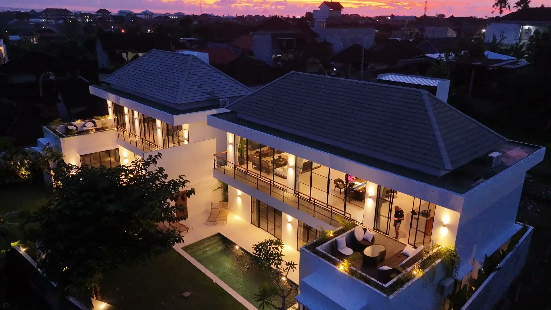Aerial view of Villa Rice at golden-hour sunset